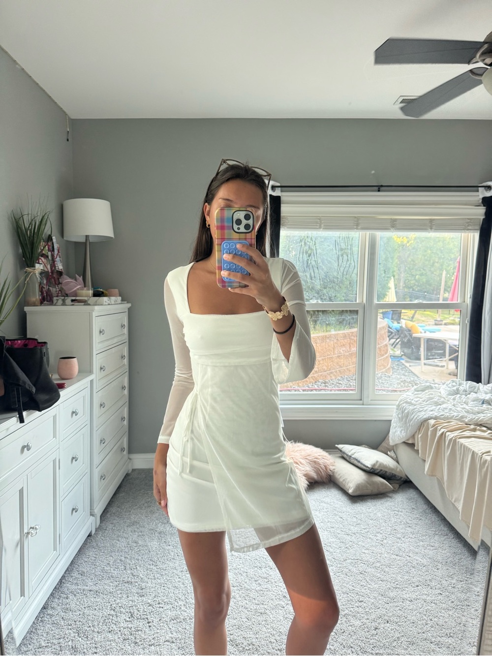 Princess Polly White Square-Neck Mesh Sleeve Mini Dress